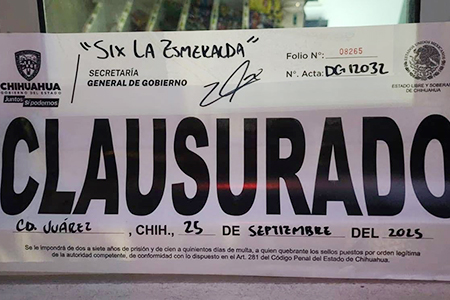 Ocho establecimientos que vendían bebidas alcohólicas fueron clausurados en Chihuahua durante la última semana. Juárez, NCG y Ascensión registraron cierres por violaciones de giro y operar sin permisos.