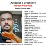 Fotografía de Alfredo Villa Villa, hombre de 37 años desaparecido en Casas Grandes, Chihuahua, con detalles de su vestimenta y características físicas.