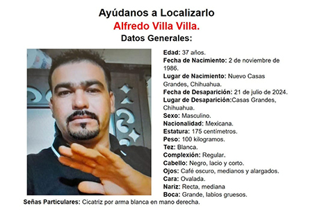 Fotografía de Alfredo Villa Villa, hombre de 37 años desaparecido en Casas Grandes, Chihuahua, con detalles de su vestimenta y características físicas.