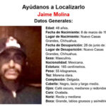 Fotografía de Jaime Molina, hombre de 48 años desaparecido en Nuevo Casas Grandes, Chihuahua, con detalles de su vestimenta y características físicas.