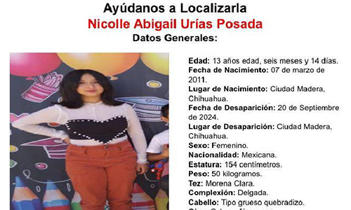 Nicolle Abigaíl Urías Posada, de 13 años, desaparecida en Madera, Chihuahua, el 20 de septiembre. Se solicita el apoyo de la ciudadanía para localizarla.