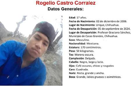 Fiscalía solicita apoyo para encontrar a Rogelio Castro, joven de 17 años desaparecido en Casas Grandes; cualquier información llamar al 911 o a la Fiscalía.