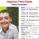 Alejandro Fierro Sotelo, de 40 años, fue visto por última vez el 23 de mayo en Madera, Chihuahua. Tiene tatuajes, una cicatriz en la ceja y le falta parte del dedo índice. Llamar al 911 o 089.