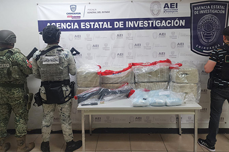 Autoridades aseguraron en Ciudad Juárez 82.5 kg de marihuana, 11.4 kg de fentanilo, un rifle y un vehículo en operativo contra el narcotráfico. El hallazgo fue en Las Palmas.