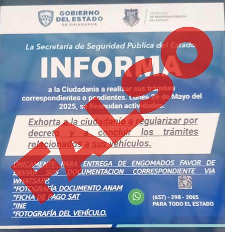 Falsos mensajes están promoviendo trámites vehiculares no oficiales en Chihuahua. SSPE pide no enviar documentos por WhatsApp y acudir a REPUVE para trámites seguros.