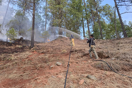 Brigadistas voluntarios de Ciudad Juárez se suman al combate del incendio en Madera, Chihuahua. Necesitan agua, alimentos, herramientas y equipo de protección. Se organizan colectas en Duke Shop y vía telefónica para llevar insumos a primera línea de fuego.