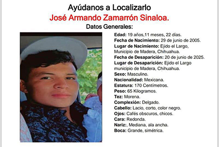 José Armando Zamarrón Sinaloa, de 19 años, desapareció el 20 de junio en el ejido El Largo, Madera. Fiscalía de Chihuahua activa búsqueda urgente e invita a brindar información al 911 o 089.