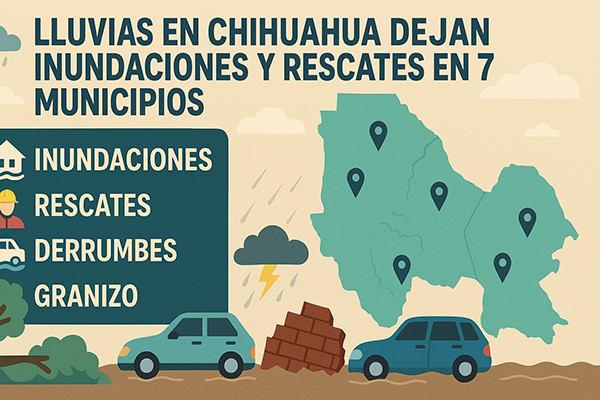 Infografía resume los efectos de las lluvias recientes en Chihuahua. Muestra un mapa del estado con marcadores en siete municipios afectados, junto con íconos que destacan los principales fenómenos: inundaciones, rescates, derrumbes y granizo.