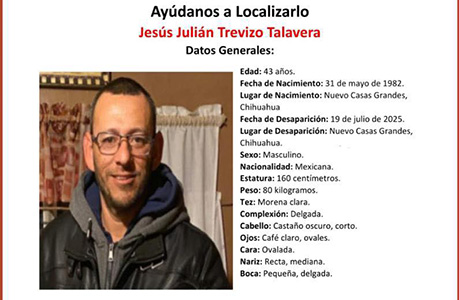 Jesús Julián Trevizo Talavera, de 43 años, desapareció el 19 de julio en Nuevo Casas Grandes; autoridades piden ayuda para localizarlo.