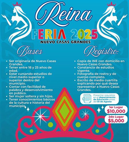 El Gobierno de NCG lanza la convocatoria para Reina de la Feria 2025, invitando a jóvenes de entre 18 y 25 años a participar en este tradicional certamen. Premios de hasta $10,000 pesos.