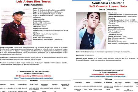 Desaparecen en Nuevo Casas Grandes Luis Arturo y Saúl Oswaldo. Fiscalía emite fichas con señas particulares y teléfonos de contacto para ayudar en su localización.