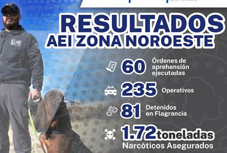 AEI asegura 1.72 toneladas de mariguana y casi un kilo de cristal y cocaína en la zona noroeste de Chihuahua. También localizó a 74 personas y ejecutó 60 órdenes.