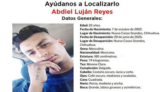 Abdiel Luján Reyes, de 22 años, fue visto por última vez en NCG. Tiene cicatrices en brazo y espalda, y un tatuaje en la mano con fecha en números romanos. Si lo ha visto, comuníquese con la Fiscalía.